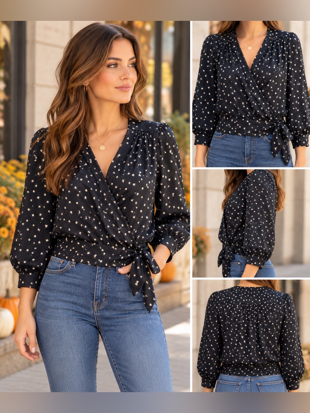 Madewell XXS 100% Silk Star Print Wrap Tie Blouse Celestial Dark Romantic